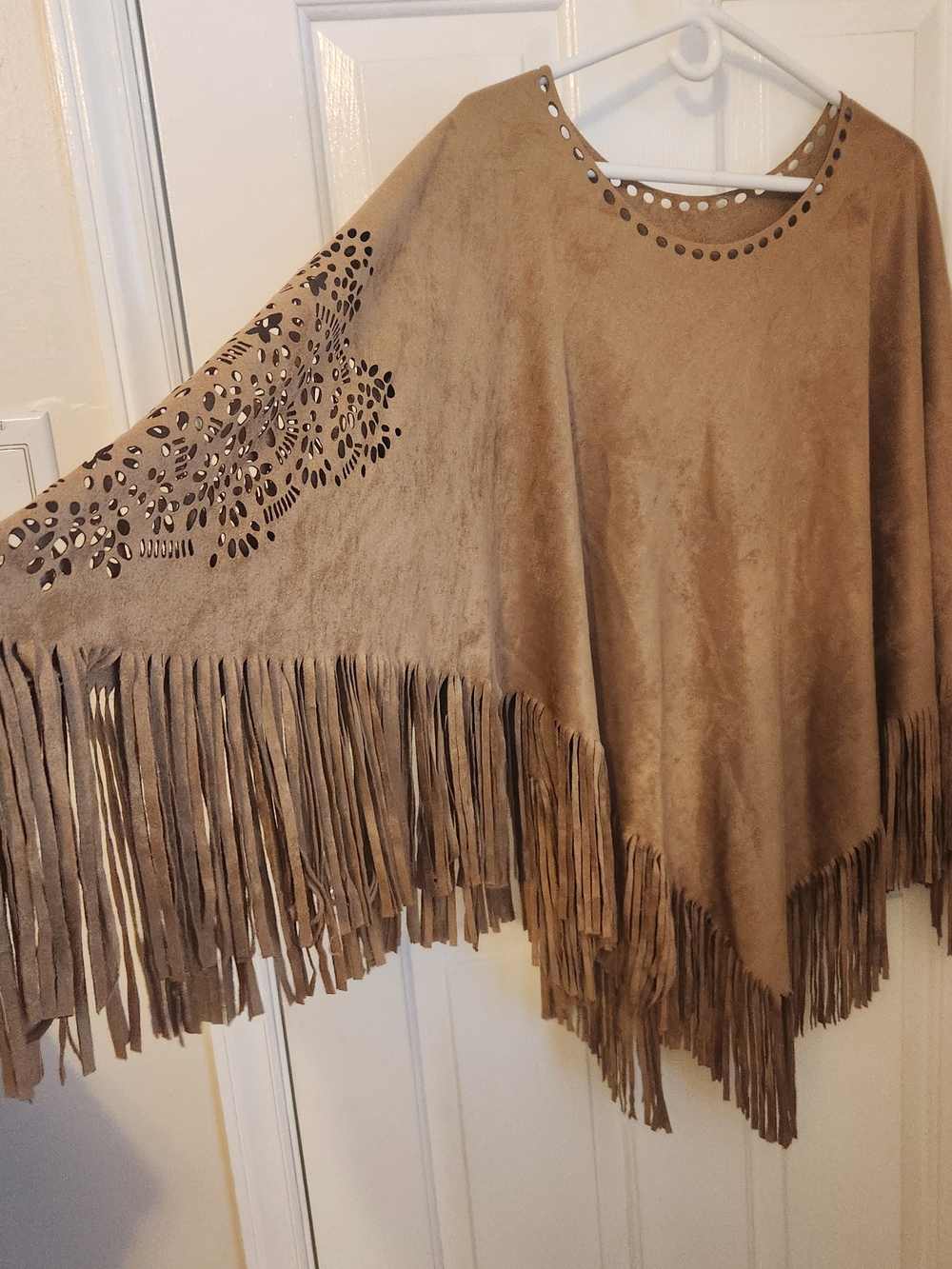 Suede Fringe Poncho Sweater - Camel